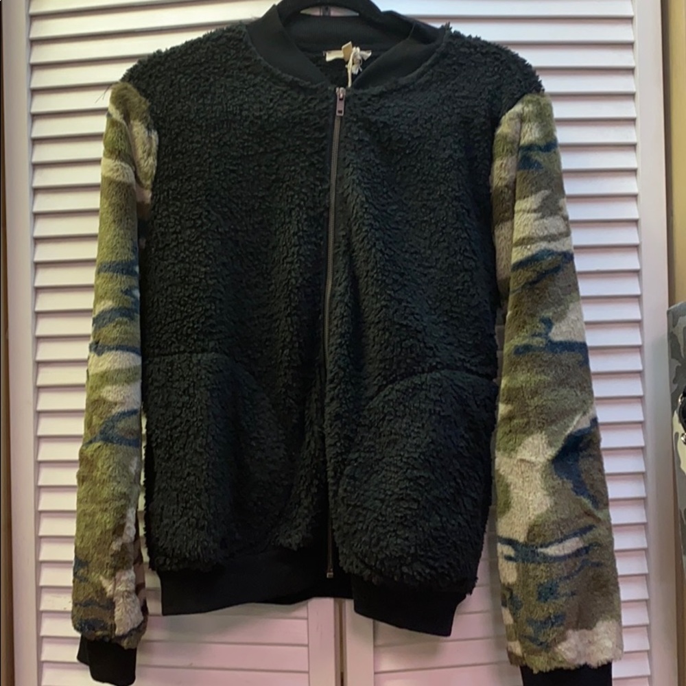 Mystree Black Sherpa bomber with camo fur sleeves